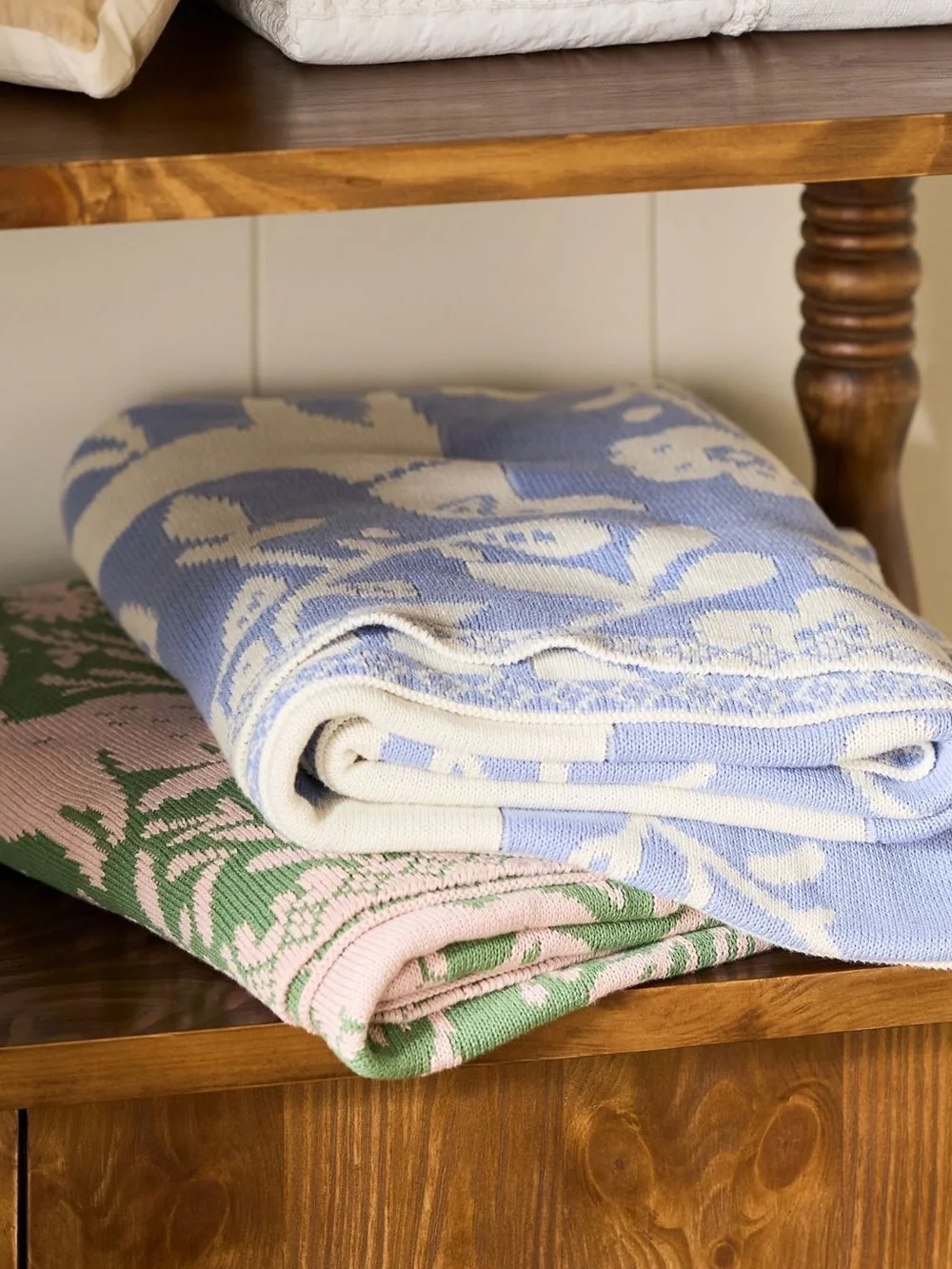 Anthropologie Bunny Throw Blanket Cotton Knit New Green Pink Bunnies 50x70